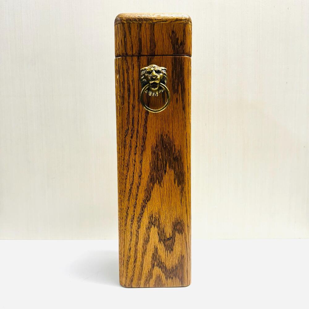 Vintage Oak Wood Fireplace Matchbox Holder Hinged Lid Brass Lion Head